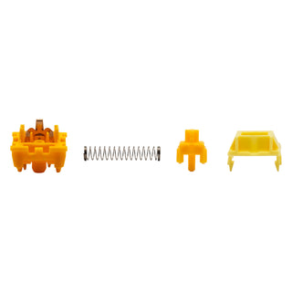 Disassembled parts of the SHHH silent linear switch showing the rubber-dampened stem